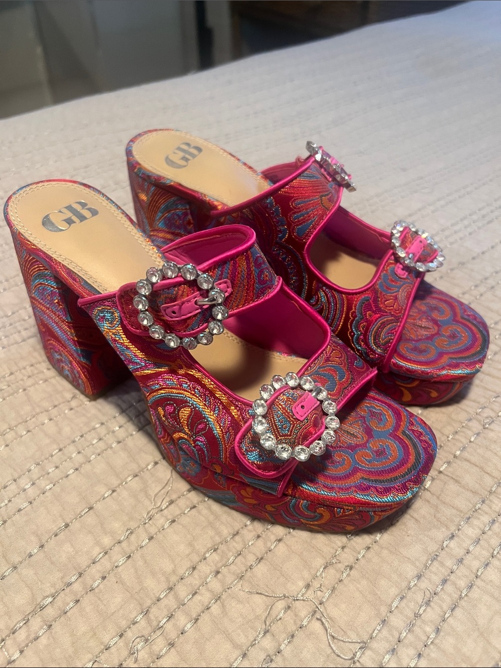 Gianni Bini Pink Paisley Embellished Block Heel Mules